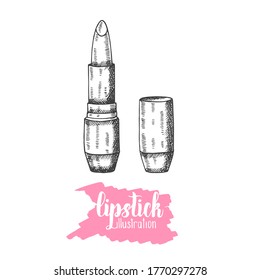 Hand drawn lipstick in sketch style. Doodle engraving cosmetics. Vector makeup illustration with hand made lettering