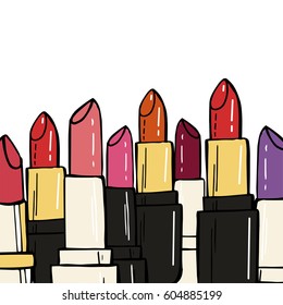 Hand drawn lipsticks on a white background. Make up product. Retro style. Vector illustration.