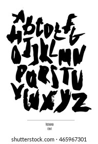 Hand drawn with liquid black ink and brush freehand alphabet, part 1. Stylish capital letters can be used for lettering and quote design. Grainy vector bold font isolated on white background.