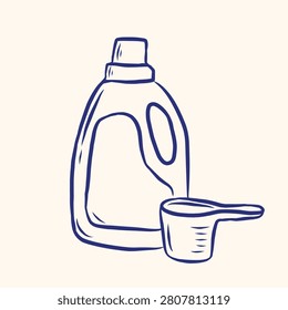 Hand Drawn Liquid Laundry Detergent Bottle and Scoop Line Art