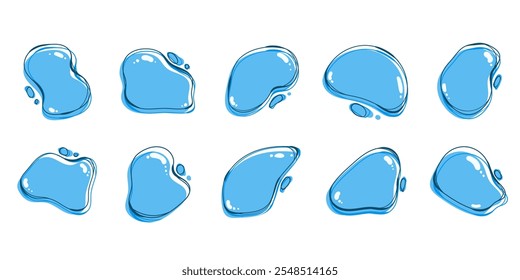 Hand Drawn Liquid Organic Blobs. Irregular Water Blots in Cartoon Style. Abstract and simple figures with dynamic shapes. Modern asymmetric spots.
