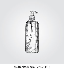 Hand Drawn Liquid Soap Sketch Symbol isolated on white background. Vector Bathroom accessories In Trendy Style