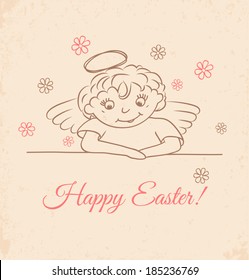 Hand drawn little angel with flowers. Vintage greetings card. 