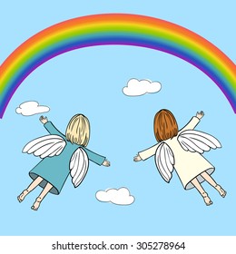 Hand drawn little angel illustration. Cartoon flying in the sky baby-girl angel wearing a dress. Greeting card, invitation, announcement.
