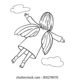 Hand drawn little angel illustration. Cartoon flying in the sky baby-girl angel wearing a dress. Greeting card, invitation, announcement.