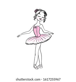 	
Hand drawn little beautiful  ballerina girl with flowers on her head. Cute dancer in pointe shoes and tutu. Vector illustration.