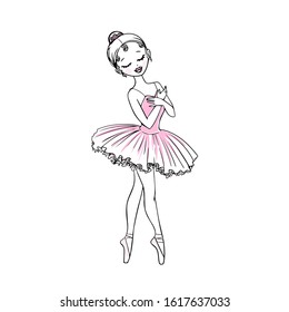 Hand drawn little beautiful  ballerina girl stand with flowers on her head.Dancer in pink tutu and pointe shoes.Line Stock Vector illustration isolated on white background.