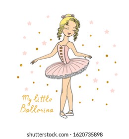 Hand drawn little beautiful  ballerina girl. Cute little dancing  ballerina, vector illustration. 