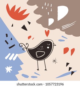 Hand drawn little bird, abstract painting. Scandinavian art. Clipart, vector illustration, single elements.