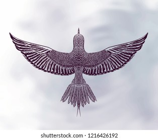 Hand drawn little bird on the watercolor background. Flying swallow in the cloudy sky. Pastel colors. Sketch for print t shirt and tattoo art. Embroidery texture. Symbol of freedom. Animal pattern.