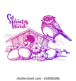 Hand drawn little bird on a birdhouse with Easter eggs and flowering branches. Spring easter illustration. With a gradient from violet to pink