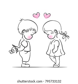 Hand drawn little boy and girl romantic illustration for Valentine day. Vector illustration