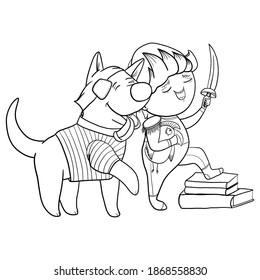 hand drawn little boy playing pirates with his friend dog, design, mascot, logo or textile print