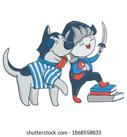 hand drawn little boy playing pirates with his friend dog, design, mascot, logo or textile print