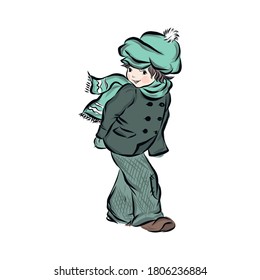 hand drawn little boy in winter clothes, vector clip art. illustration for vintage postcard or poster