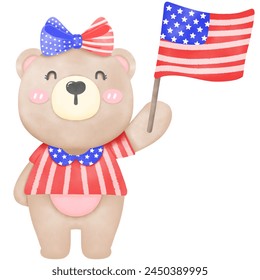 hand drawn little brown bear It's not AI on America's National Day. So cute. Use as an illustration