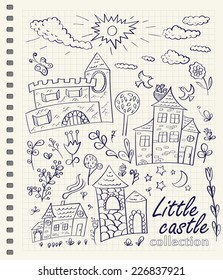 Hand drawn little castles doodle design elements set on checkered notebook page background. Vector illustration.