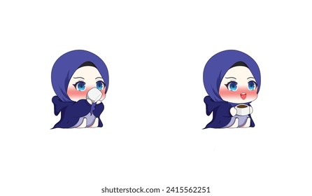 Hand Drawn of a Little Chibi Child, Woman in Hijab Drinking. Illustration, Vector, eps 10