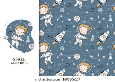 Hand drawn little cosmonaut card and seamless pattern set. Cute cartoon illustration. Shirt print surface design.
