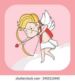 Hand drawn little cupid character shooting the heart arrow.