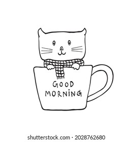 Hand drawn little cute cat sitting in coffee cup for good morning concept. Vector illustration in doodle art style on white background
