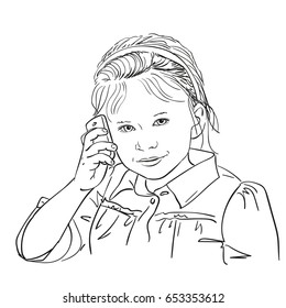 Hand drawn little cute girl talking mobile phone, Vector sketch isolated on white, Line art illustration