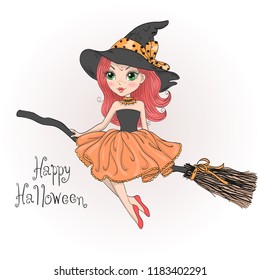 Hand drawn little cute Halloween girl witch flies on broomstick. Vector illustration.