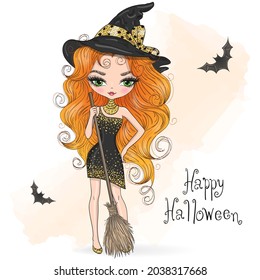 Hand drawn little cute Halloween girl witch with broomstick. Vector illustration.