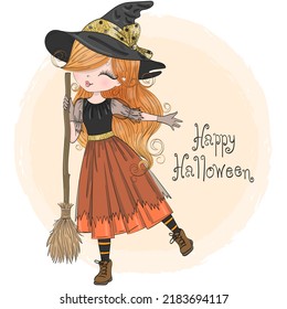 Hand Drawn Little Cute Halloween Girl Witch With Broomstick. Vector Illustration.