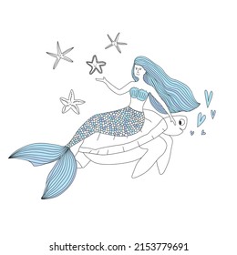Hand drawn little cute mermaid sitting on giant turtle and playing with starfish