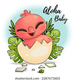 Hand Drawn Little Cute Pink baby Flamingo with Text Aloha Baby Childrens Print Design T-shirt Greeting Card and Poster Vector illustartion