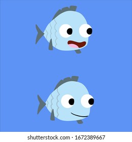 Hand drawn little cute smiling fish cartoon with blue background. Suitable for seamless pattern design, sticker, gift wrapping paper, textile, education.