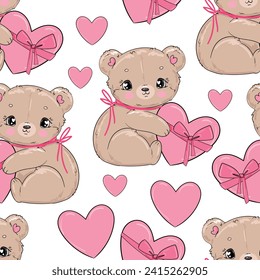 Hand Drawn Little Cute Teddy Bear with pink bow and pink heart seamless pattern vector illustration trend print textile Valentine Day