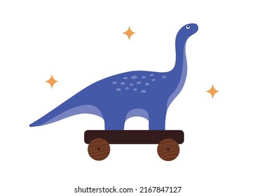Hand drawn little dinosaur toy on wheels Isolated vector illustration in flat style with wooden texture