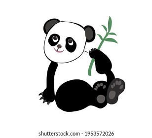 Hand drawn little  dreamy panda with bamboo branch with leaves