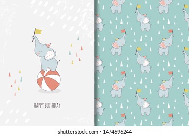 Hand drawn little elephant baby jungle animal character. Greeting card print template and seamless background pattern set. Circus show with ball and flag. Hand drawn happy birthday design illustration