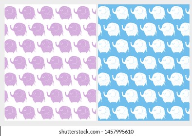 Hand Drawn Little Elephants Vector Pattern. Cute Violet and White Elepants Isolated on a White and Blue Background. Lovely Nursery Art for Baby Boy Party Decoration, Print, Wrapping Paper, Textile. 