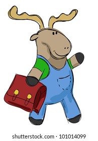 hand drawn little elk going to school, vector illustration