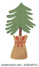Hand drawn little fir tree in canvas bag, isolated vector illustration with grainy texture