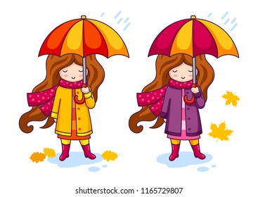 Hand drawn little girl with colorful umbrella and a big knitted scarf. Set of cartoon characters. Vector illustration.