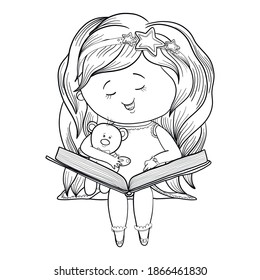 Hand drawn little girl reading a book to her friend teddy bear, illustration, textile print or poster