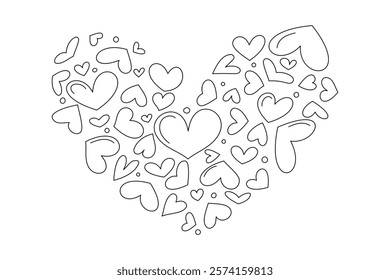 hand drawn little hearts in a big heart. Linear figures for Valentine's Day. Children's coloring-anti-stress