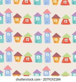 hand drawn little houses seamless pattern  Cute houses pattern  Funny cartoon kids seamless texture and tiny houses  Trendy flat print city village  drawing