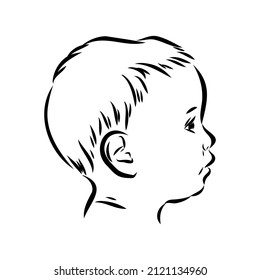 Hand drawn little kid portrait in profile, Vector sketch isolated on white background, Line art illustration