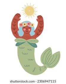 Hand drawn little mermaid with folk motives praising the sun, isolated vector illustration in flat design