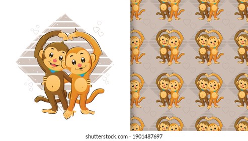 Dibujo a mano de los pequeños monos parados y haciendo una señal de amor con su mano en el conjunto de patrones de ilustración