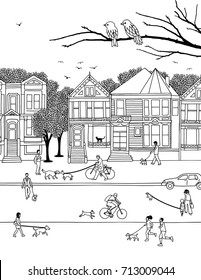 Hand drawn little people walking their dogs on leashes through the street, black and white illustration