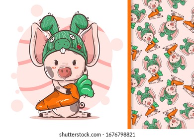 hand drawn a little pig with a bunny hat