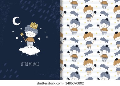 Hand drawn little prince boy character with golden crown on head and magic wand in hands, staying on cloud among stars and moon in night sky. Card template and seamless background pattern illustration