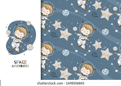Hand drawn little space researcher. Card and seamless pattern. Cartoon illustration. Shirt print surface design.